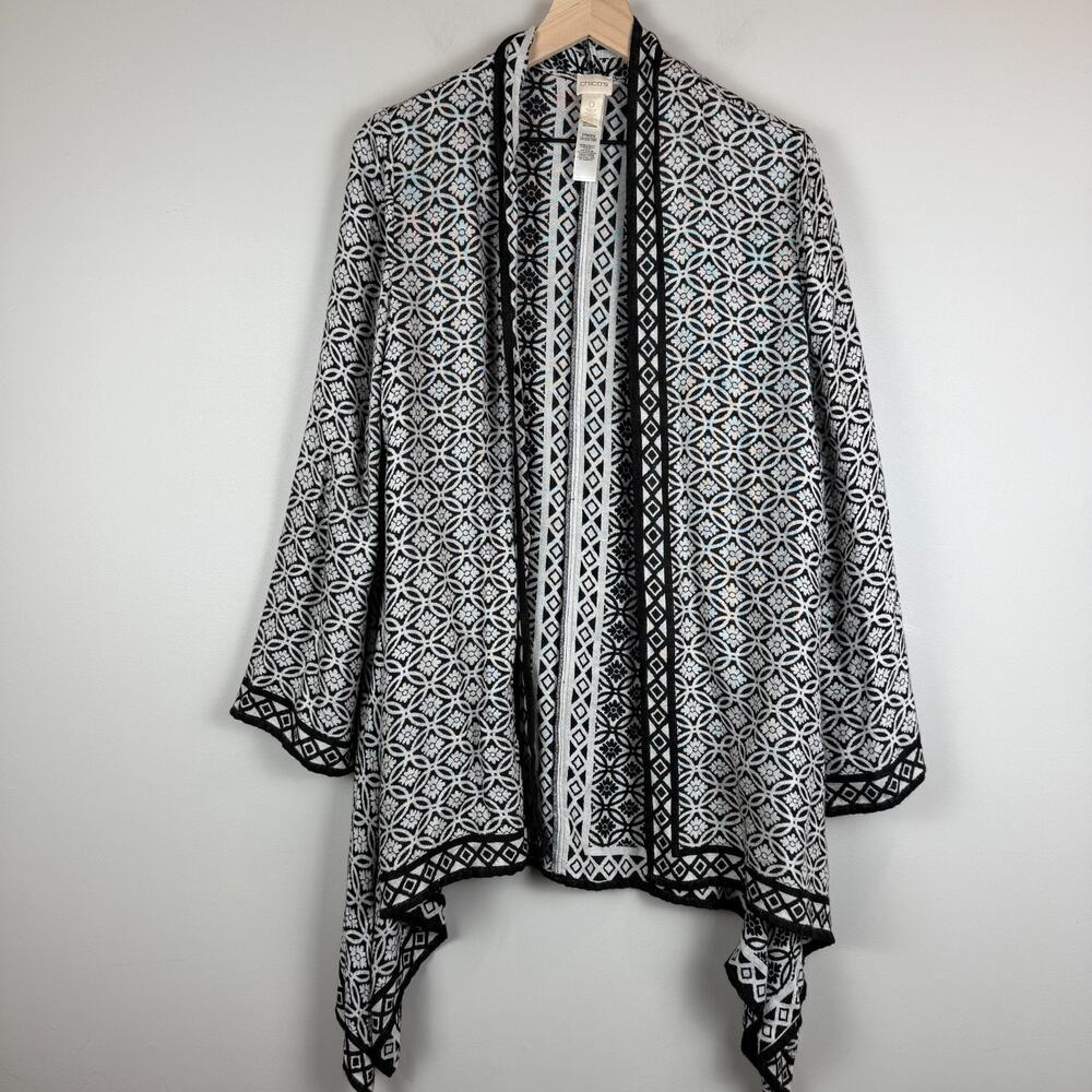 Chico's Cardigan Women 0 US S White Black Geo Print Asymmetrical Hem Open Topper
